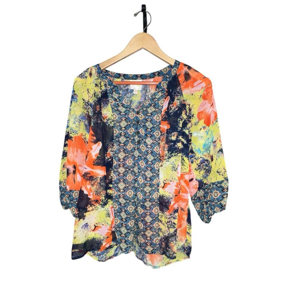 Fig & Flower Anthropologie S Sheer Floral Boho Peasant Blouse Top‎ Tunic